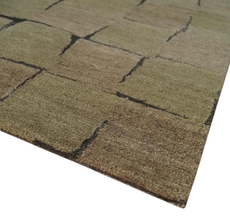 Modern Geometrical Brown, Olive and Charcoal Hand Knotted 5x8 Wool and Silk Area Rug