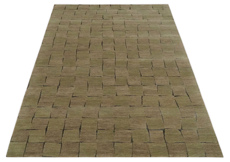 Modern Geometrical Brown, Olive and Charcoal Hand Knotted 5x8 Wool and Silk Area Rug