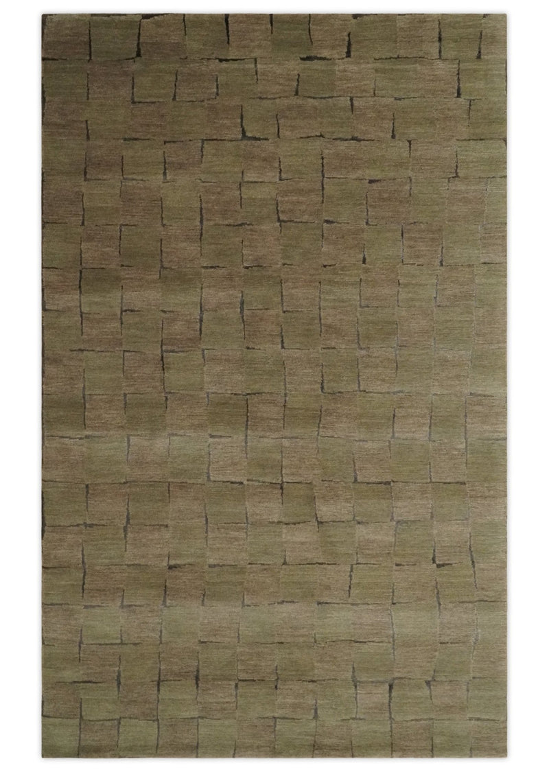 Modern Geometrical Brown, Olive and Charcoal Hand Knotted 5x8 Wool and Silk Area Rug