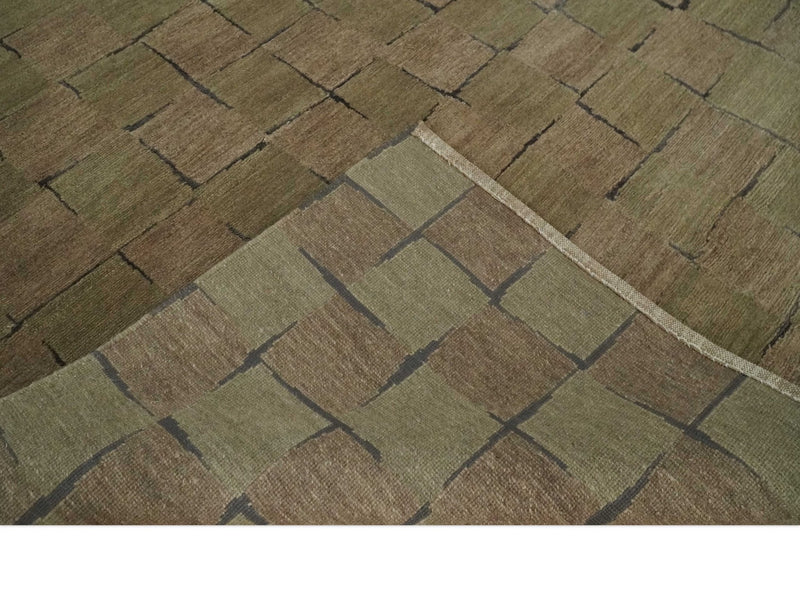 Modern Geometrical Brown, Olive and Charcoal Hand Knotted 5x8 Wool and Silk Area Rug