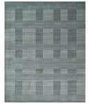 Modern Geometrical Checkered striped Hand Made 8x10 Charcoal, Gray and Silver Scandinavian Blended Wool Flatwoven Area Rug | KE38