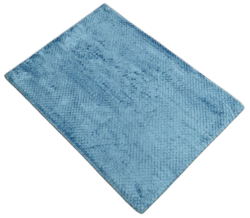 Modern Geometrical Cross Square Hand Made 2x3 Aqua Blue Art silk Area Rug