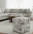 Modern Geometrical Ivory, Gray, Beige Genuine Leather Pouf