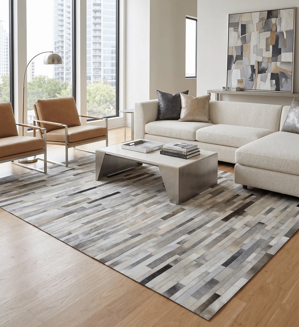Geometric Cowhide Leather Area Rug - Striped Silver and Ivory, photo 2 of 11