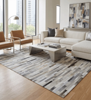 Geometric Cowhide Leather Area Rug - Striped Silver and Ivory by The Rug Decor