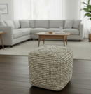 Modern Geometrical Natural Brown and Ivory Design Jute and wool Pouf by The Rug Decor