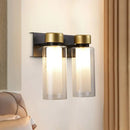 GobekUsa Modern Dual Cylinder Brass Sconce Light Fixture with Clear Glass - 2 Bulbs, LED Wall Mount Lamp