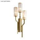 GobekUsa Modern Gold Metal Wall Sconce with Crystal Cylindrical Shade – 3 Bulb Crooked Arm Wall Lamp