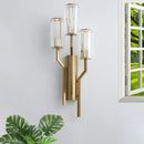 GobekUsa Modern Gold Metal Wall Sconce with Crystal Cylindrical Shade – 3 Bulb Crooked Arm Wall Lamp