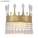 GobekUsa Modern Gold Crown Wall Sconce with Crystal Droplet - 2 Bulbs Metallic Lamp