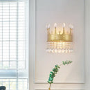 GobekUsa Modern Gold Crown Wall Sconce with Crystal Droplet - 2 Bulbs Metallic Lamp