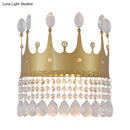 GobekUsa Modern Gold Crown Wall Sconce with Crystal Droplet - 2 Bulbs Metallic Lamp