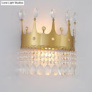 GobekUsa Modern Gold Crown Wall Sconce with Crystal Droplet - 2 Bulbs Metallic Lamp