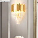 GobekUsa Modern Gold Sconce Light - 4 Layer Wall Fixture with Tri-Sided Crystal Rods and 2 Heads