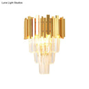 GobekUsa Modern Gold Sconce Light - 4 Layer Wall Fixture with Tri-Sided Crystal Rods and 2 Heads
