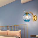 GobekUsa Modern Blown Glass Cup Sconce Wall Mounted Lighting - Blue/Green/Amber - 1 Head, Black/Gold Curved Arm - Bedside