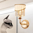 GobekUsa Modern Gold Fabric Wall Light with Crystal Prism and Curved Arm