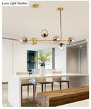 GobekUsa Modern Gold Island Pendant Light with 6 Lights - Spherical Glass Ceiling Fixture for Dining Table