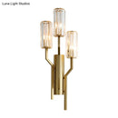 GobekUsa Modern Gold Metal Wall Sconce with Crystal Cylindrical Shade – 3 Bulb Crooked Arm Wall Lamp