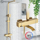 GobekUsa Golden Thermostatic Shower Faucet Set with Rainfall Shower Column and 3-Way Mixer