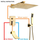GobekUsa Gold Rainfall Shower System with Wall Mount Mixer Tap Set
