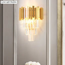 GobekUsa Modern Gold Sconce Light - 4 Layer Wall Fixture with Tri-Sided Crystal Rods and 2 Heads
