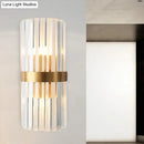 GobekUsa Contemporary Cylinder Sconce Light: Dual Head Gold Wall Mounted Fixture with Crystal Rod Accent