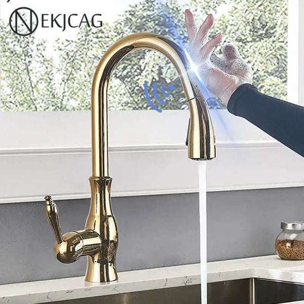 GobekUsa Gold Sensor Kitchen Faucet Pull Out Touch Control Mixer Tap Sink Crane