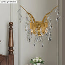 GobekUsa Modern Gold Wall Sconce with Crystal Drop - 2-Light Branch Mount