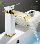 GobekUsa Gold White Waterfall Brass Bathroom Basin Faucet Mixer Tap Hot Cold Sink