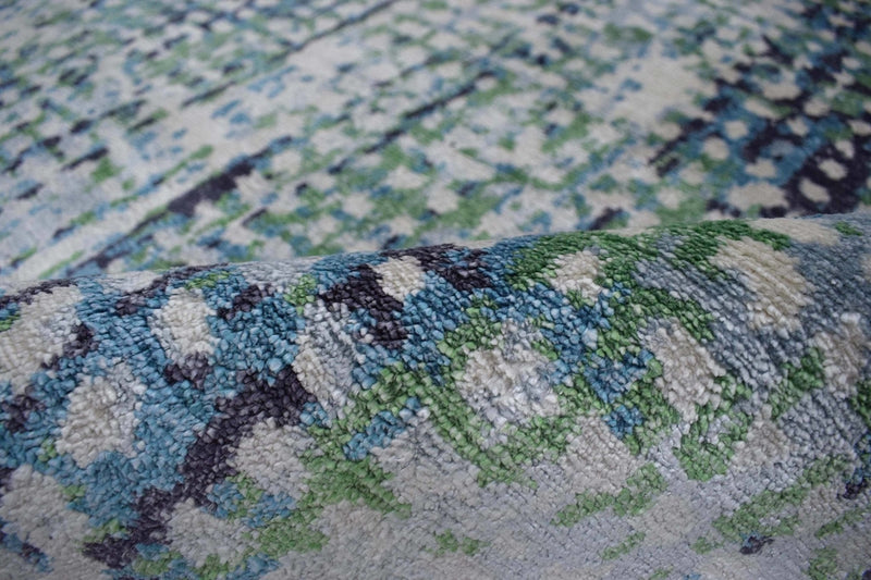 Abstract Ivory, Blue and Moss Green Fine Hand Knotted Art Silk Area Rug
