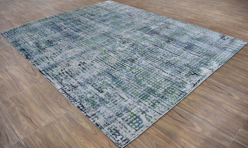 Abstract Ivory, Blue and Moss Green Fine Hand Knotted Art Silk Area Rug