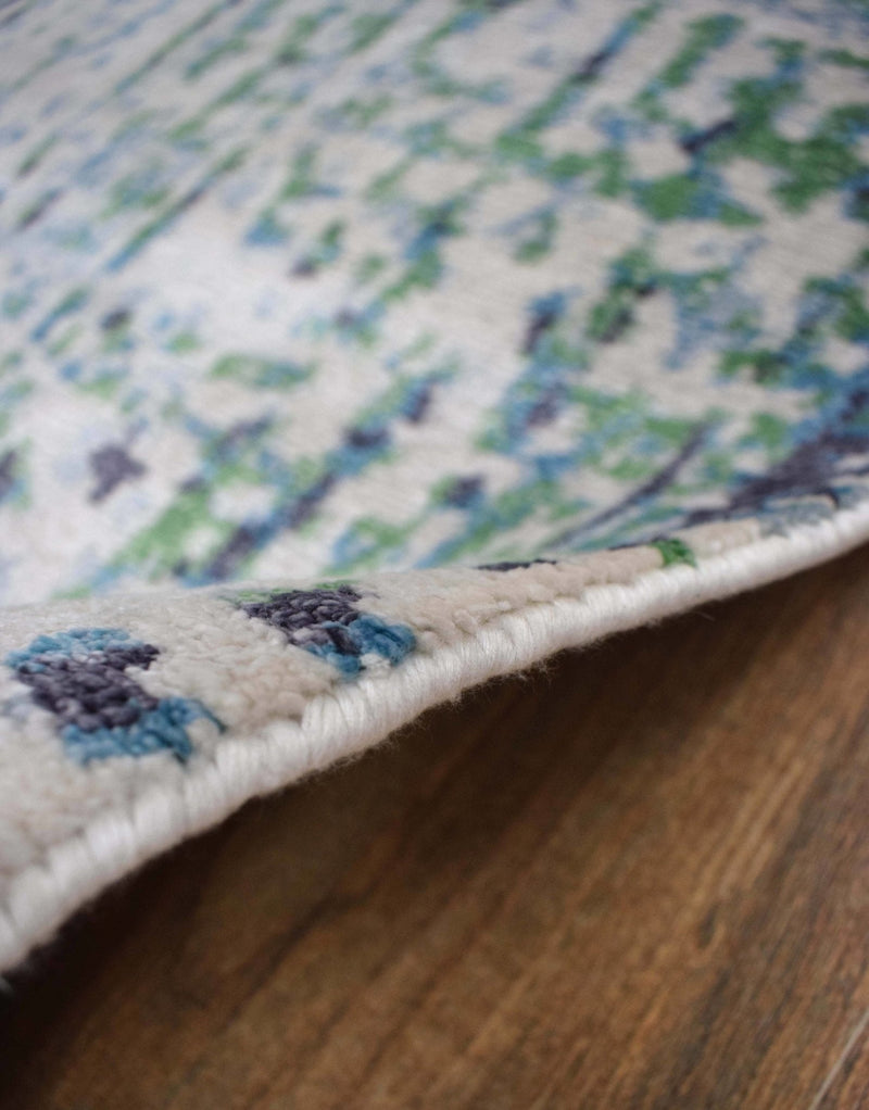 Abstract Ivory, Blue and Moss Green Fine Hand Knotted Art Silk Area Rug