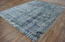 Abstract Ivory, Blue and Moss Green Fine Hand Knotted Art Silk Area Rug