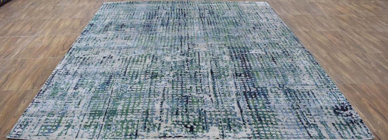 Abstract Ivory, Blue and Moss Green Fine Hand Knotted Art Silk Area Rug