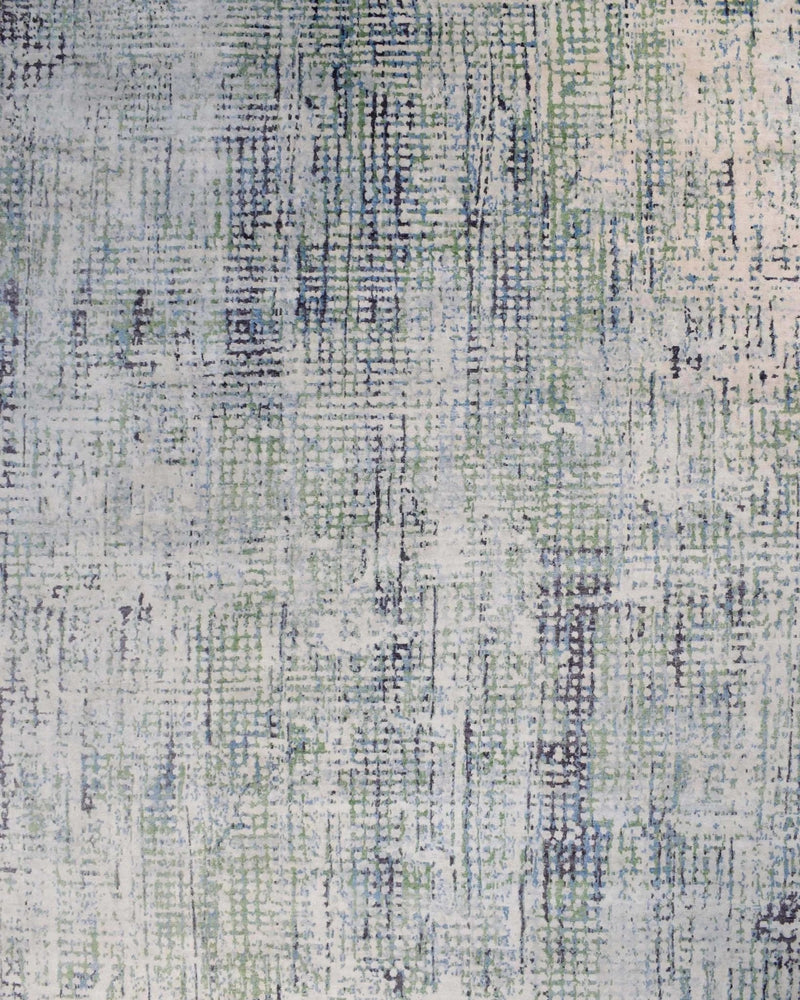 Abstract Ivory, Blue and Moss Green Fine Hand Knotted Art Silk Area Rug