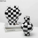 GobekUsa Black White Check Vase Modern Crafts Room Decor Irregular Shaped Desk Decoration