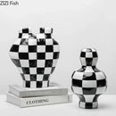 GobekUsa Black White Check Vase Modern Crafts Room Decor Irregular Shaped Desk Decoration