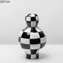 GobekUsa Black White Check Vase Modern Crafts Room Decor Irregular Shaped Desk Decoration