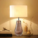 GobekUsa Handblown Glass Pear Living Room Table Lamp, Modern White Nightstand Light with Fabric Drum Shade