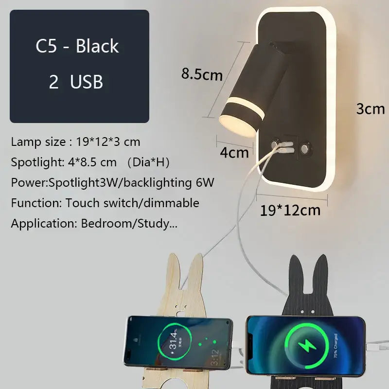 GobekUsa LED Wall Sconce Lamp Touch Switch USB Bedside Reading Light Tri-color Diammable, photo 12 of 22
