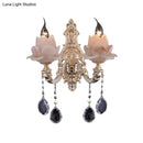 GobekUsa Modern Lotus Wall Light Fixture with Milky Glass, Brass Sconce, and Teardrop Crystal Accent