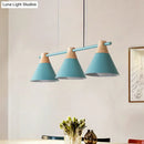 GobekUsa Modern Macaron Cone Hanging Light Pendant - 3 Heads Island Fixture in Black/White/Blue with Wood Accents - Ideal for Dining Table