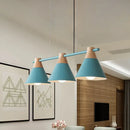 GobekUsa Modern Macaron Cone Hanging Light Pendant - 3 Heads Island Fixture in Black/White/Blue with Wood Accents - Ideal for Dining Table