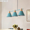 GobekUsa Modern Macaron Cone Hanging Light Pendant - 3 Heads Island Fixture in Black/White/Blue with Wood Accents - Ideal for Dining Table