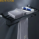 GobekUsa Black Aluminum Towel Rack with Hook, Wall-mounted Bathroom Towel Holder and Shelf