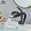 GobekUsa Black Brass Waterfall Basin Faucet, Single Handle Deck Mount Vanity Tap