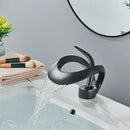 GobekUsa Black Brass Waterfall Basin Faucet, Single Handle Deck Mount Vanity Tap