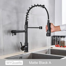 GobekUsa Dual Spout Kitchen Sink Faucet - Matte Black Finish, Deck Mount Spring Mixer
