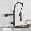 GobekUsa Dual Spout Kitchen Sink Faucet - Matte Black Finish, Deck Mount Spring Mixer